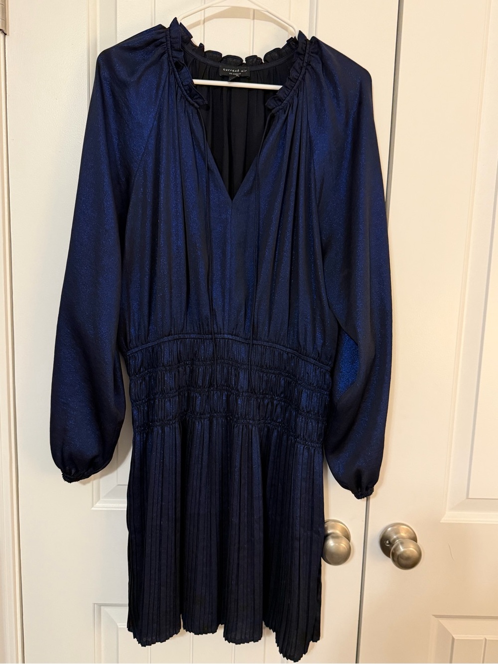 Current Air Shimmering Navy Blue Long-Sleeve V-Neck Dress